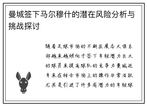 曼城签下马尔穆什的潜在风险分析与挑战探讨